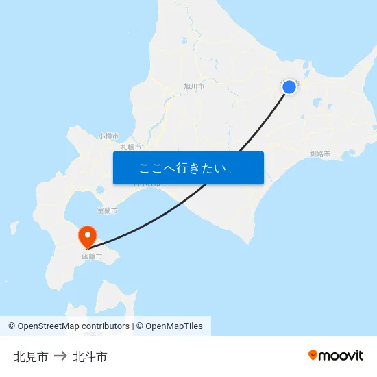 北見市 to 北斗市 map