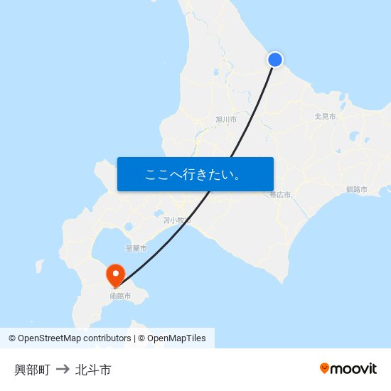 興部町 to 北斗市 map
