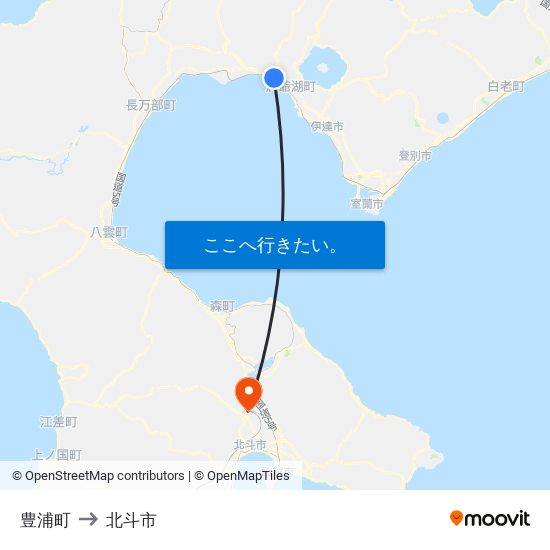豊浦町 to 北斗市 map