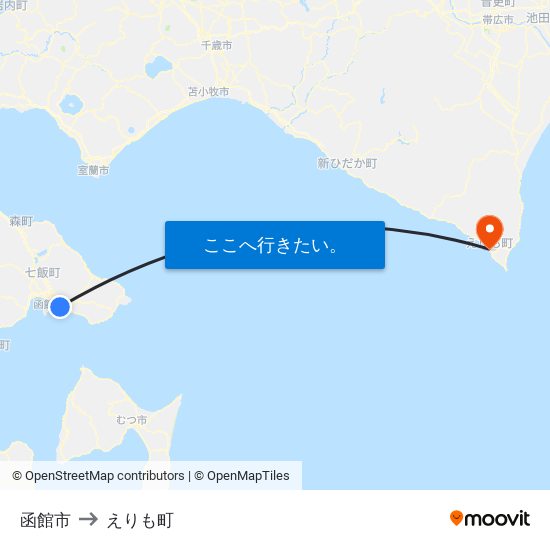 函館市 to えりも町 map
