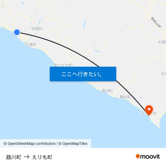 鵡川町 to えりも町 map