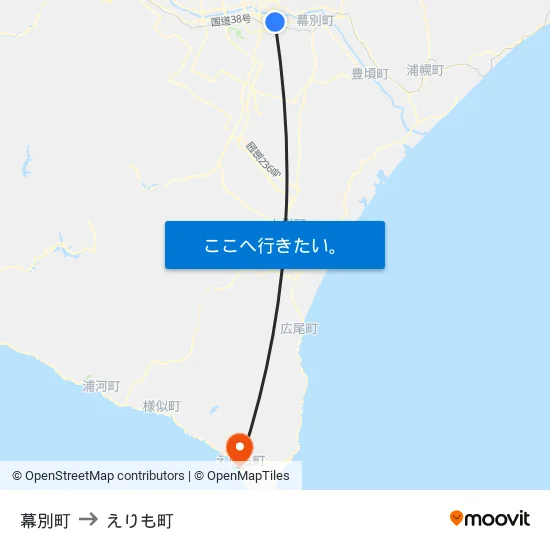 幕別町 to えりも町 map