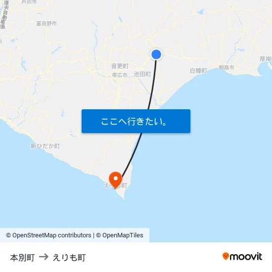 本別町 to えりも町 map