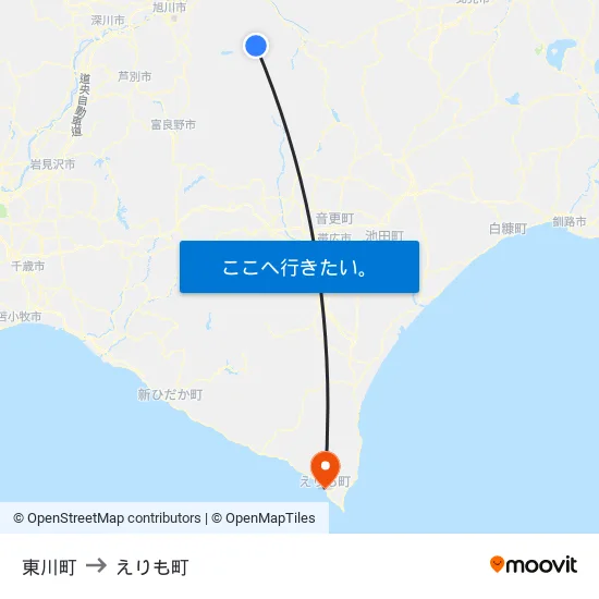 東川町 to えりも町 map