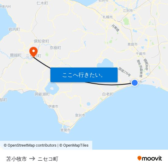 苫小牧市 to ニセコ町 map