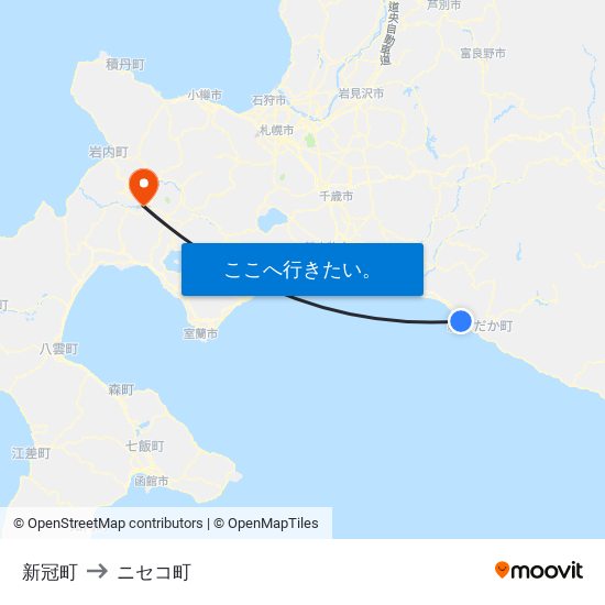 新冠町 to ニセコ町 map