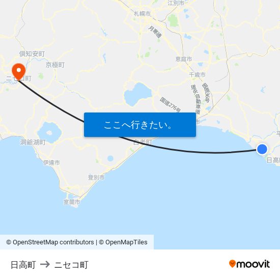 日高町 to ニセコ町 map