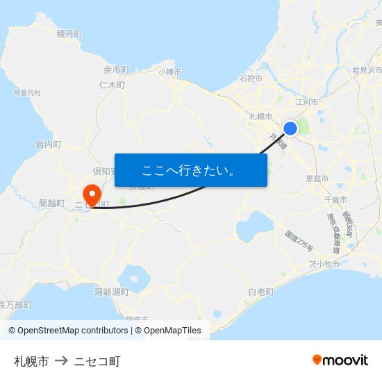 札幌市 to ニセコ町 map