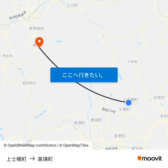 上士幌町 to 美瑛町 map