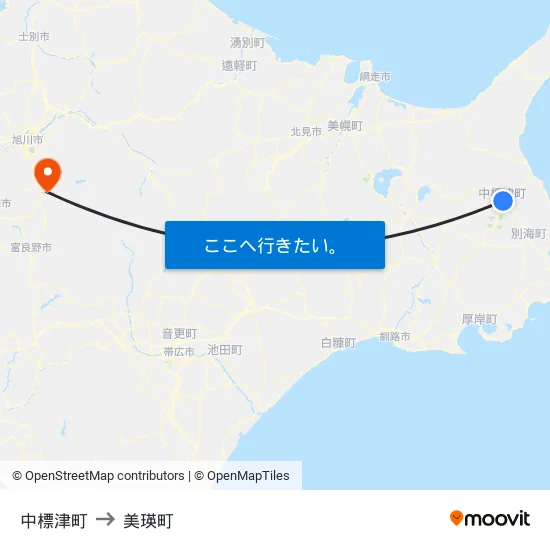 中標津町 to 美瑛町 map