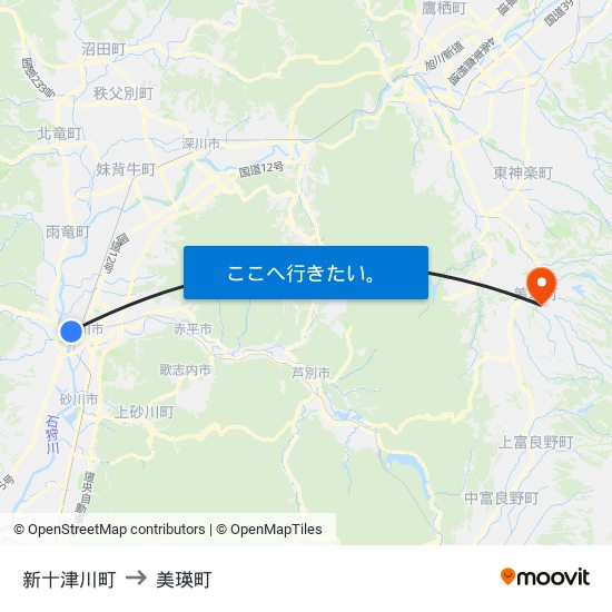 新十津川町 to 美瑛町 map