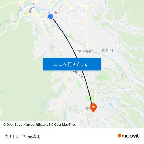 旭川市 to 美瑛町 map