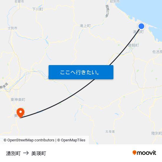 湧別町 to 美瑛町 map