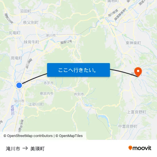 滝川市 to 美瑛町 map