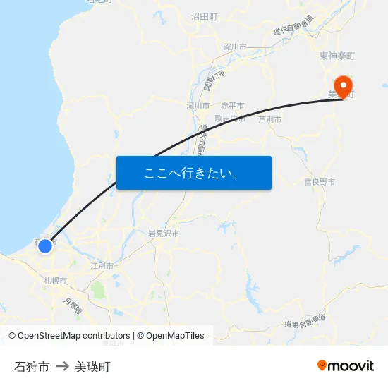 石狩市 to 美瑛町 map