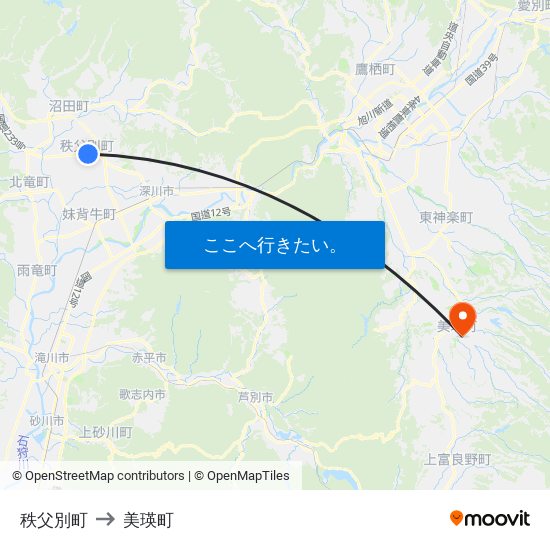 秩父別町 to 美瑛町 map