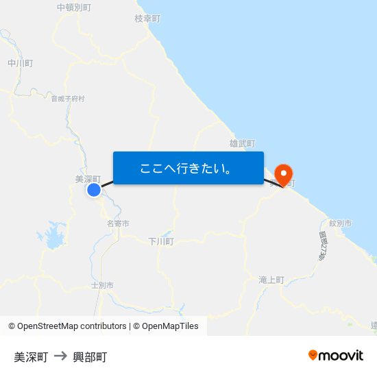 美深町 to 興部町 map