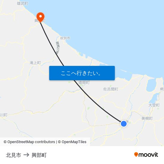 北見市 to 興部町 map