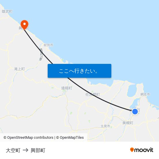 大空町 to 興部町 map