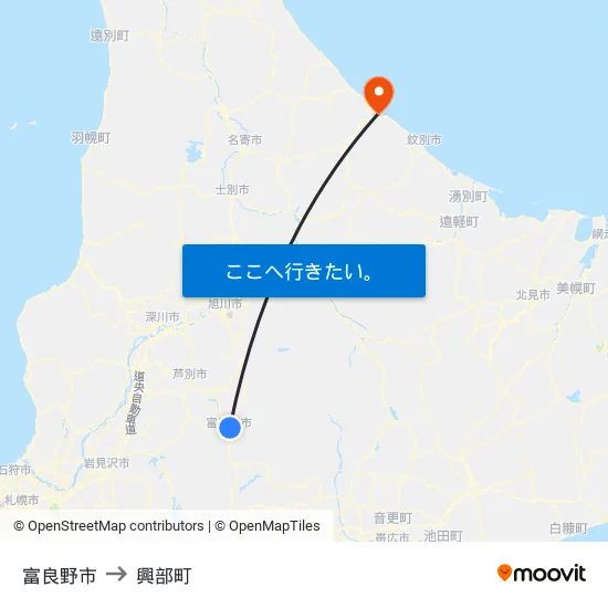 富良野市 to 興部町 map