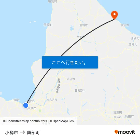 小樽市 to 興部町 map