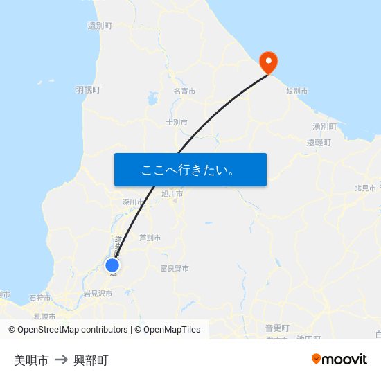 美唄市 to 興部町 map