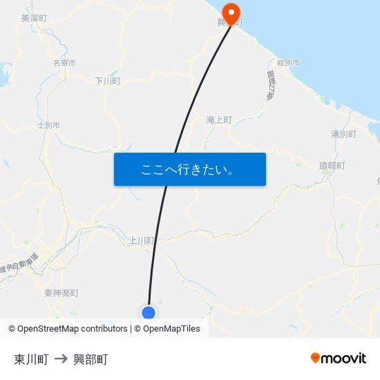 東川町 to 興部町 map