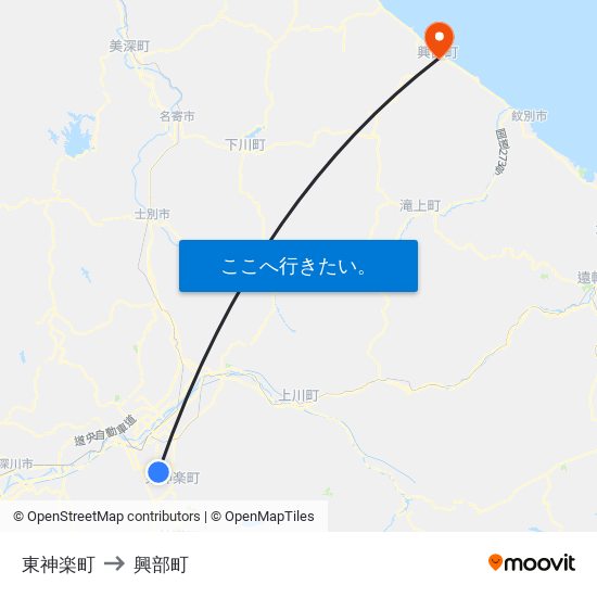 東神楽町 to 興部町 map