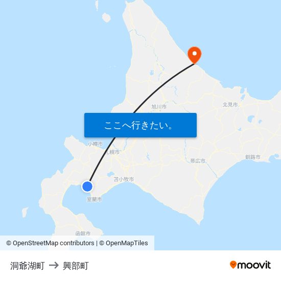 洞爺湖町 to 興部町 map