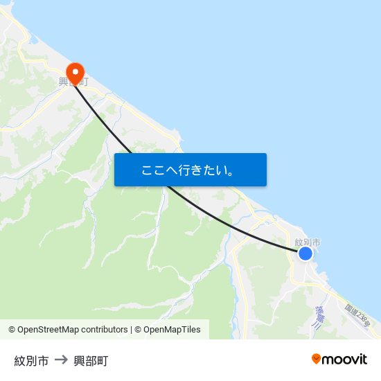 紋別市 to 興部町 map