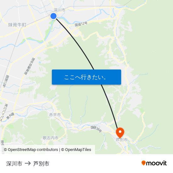 深川市 to 芦別市 map