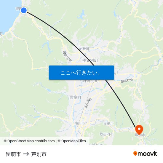 留萌市 to 芦別市 map