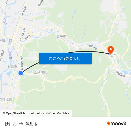 砂川市 to 芦別市 map