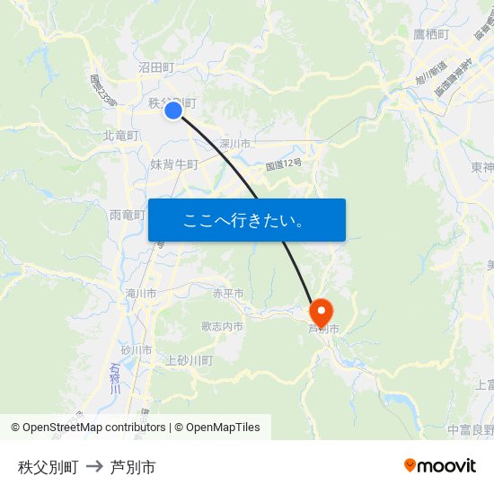 秩父別町 to 芦別市 map