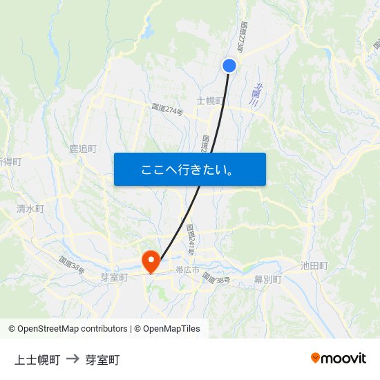 上士幌町 to 芽室町 map