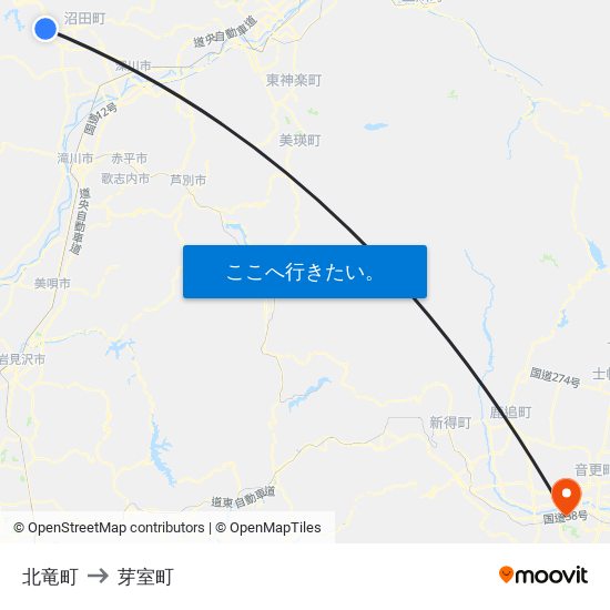 北竜町 to 芽室町 map