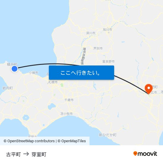 古平町 to 芽室町 map