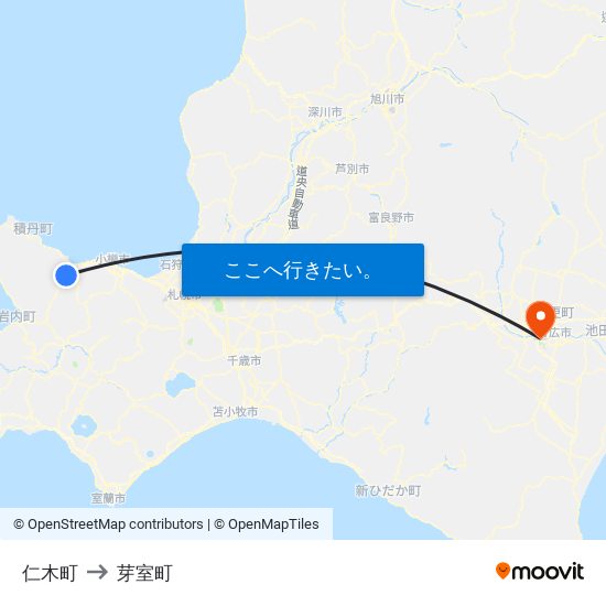 仁木町 to 芽室町 map