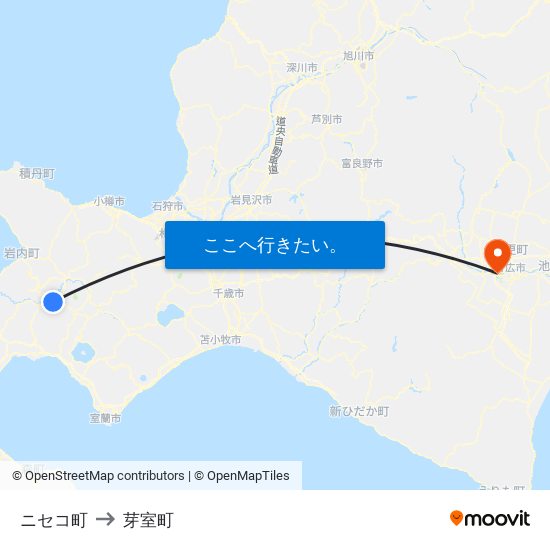 ニセコ町 to 芽室町 map