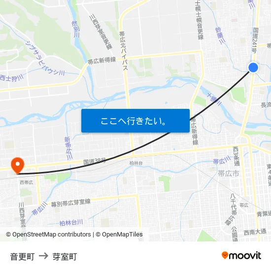 音更町 to 芽室町 map
