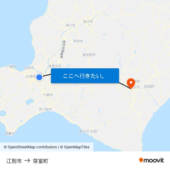 江別市 to 芽室町 map