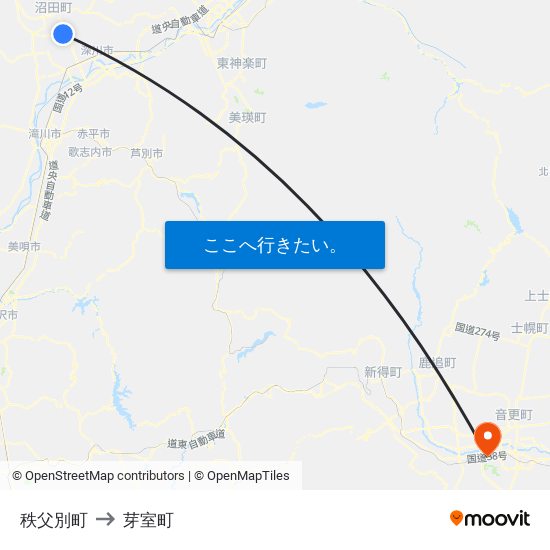 秩父別町 to 芽室町 map