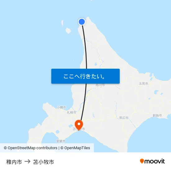 稚内市 to 苫小牧市 map