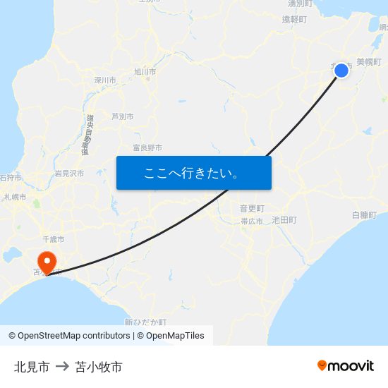 北見市 to 苫小牧市 map