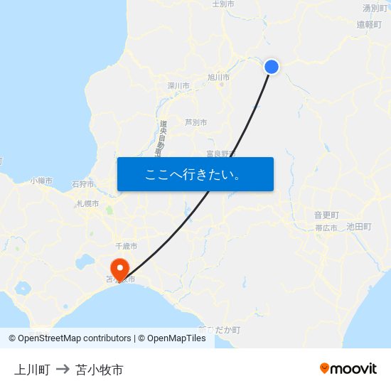 上川町 to 苫小牧市 map