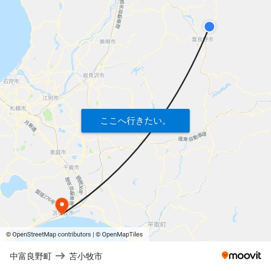 中富良野町 to 苫小牧市 map