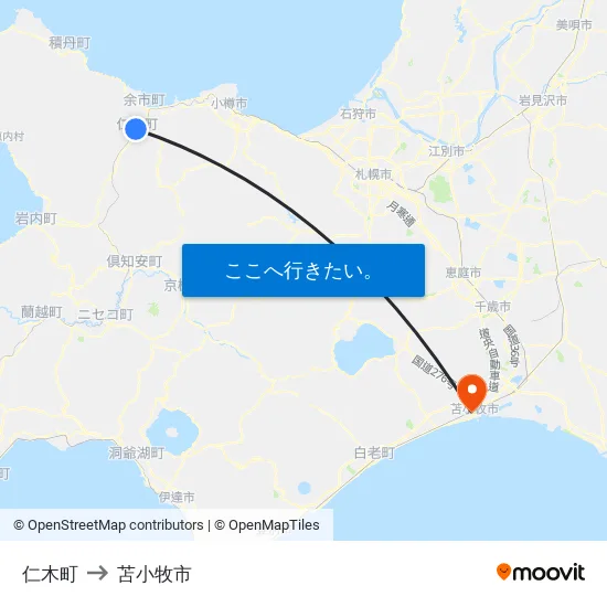 仁木町 to 苫小牧市 map
