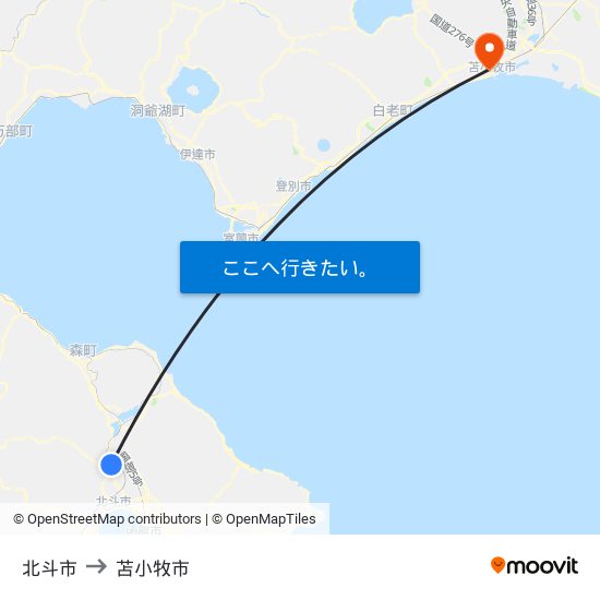 北斗市 to 苫小牧市 map