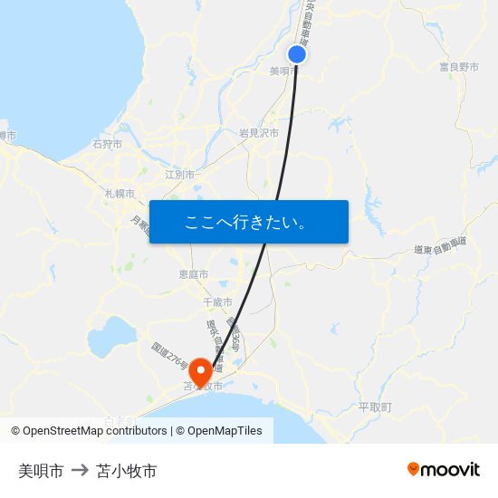 美唄市 to 苫小牧市 map