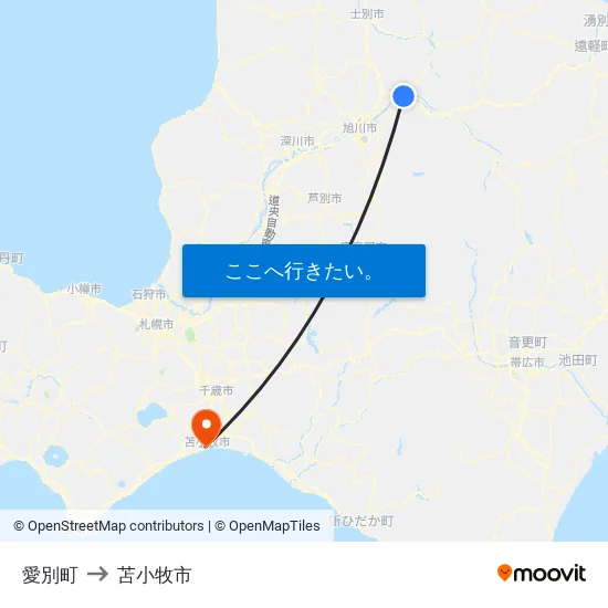 愛別町 to 苫小牧市 map